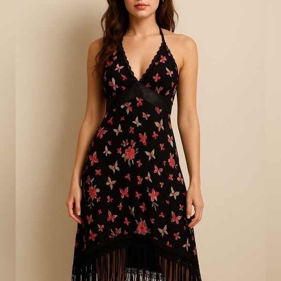 Vintage Y2K Butterfly Fringe Hem Halter Dress Goth Fairycore M Arden B Wet Seal - Picture 1 of 10